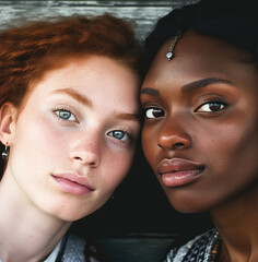 Two young women, one with black hair and the other with brown, smile as they take a selfie indoors, their flawless skin and carefully applied lip gloss catching the light as they frame their faces wi