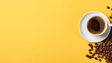 A Steaming Cup Of Coffee On A Saucer With Scattered Roasted Coffee Beans On A Vibrant Yellow Background