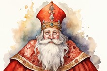 Sinterklaas Watercolor Drawing. The Background Is White And Copy Space, Generative Ai