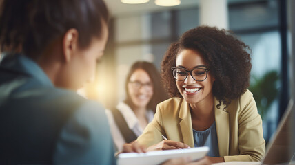 A joyful woman with curly hair and glasses sharing a moment with her colleague in a well-lit modern office environment