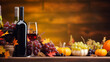 A warm autumn setup showcasing wine bottles, grapes, pumpkins, and fall leaves on a rustic wooden backdrop