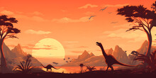 Dinosaurs In Nature  With Sunset Background