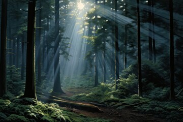 Poster - Nature's awakening: sunrays cutting through morning mist in dense green forest