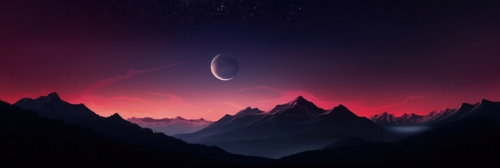 Poster - Eerie mountain outline beneath a captivating blood moon and star-dotted night
