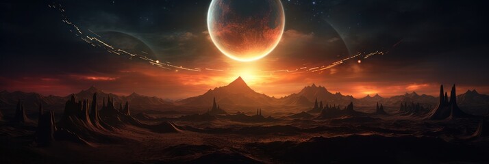 Poster - Mountain's shadow beneath a starlit sky, intensified by a blood moon eclipse