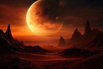 Poster - Blood moon's mystique: mountain silhouette under an eclipse-lit starry night