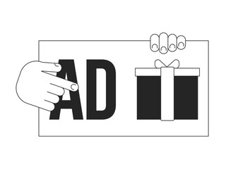 Poster - Click on advertising bw concept vector spot illustration. Ad fraud. Push on prize 2D cartoon flat line monochromatic object for web UI design. Cybercrime editable isolated outline hero image