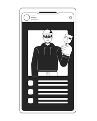 Poster - Theft identity bw concept vector spot illustration. Thief stealing data. Smartphone screen 2D cartoon flat line monochromatic object for web UI design. Cybercrime editable isolated outline hero image