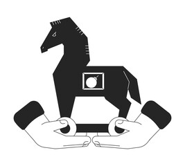 Poster - Holding trojan horse bw concept vector spot illustration. Insider. Hidden risk 2D cartoon flat line monochromatic object for web UI design. Editable isolated outline hero image