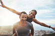 Portrait, piggy back and couple with happiness, outdoor and lens flare with freedom, love and adventure. Face, man carrying woman and journey with health, fun and outside with wellness and vacation