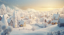 Christmas Winter Fairy Village Landscape, Greetings Card Style Snowy Christmas Village Scene