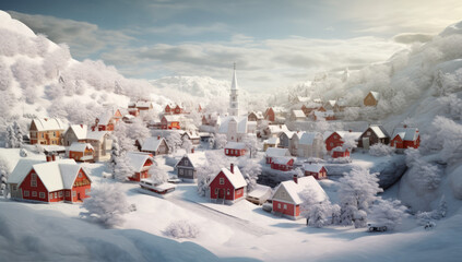 Wall Mural - Christmas winter fairy village landscape, Greetings card style snowy Christmas village scene