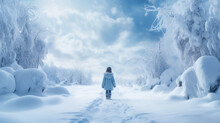 Small Child Walking In The Christmas Winter Landscape With Trees & Snowflakes, Winter Time And Snow Space