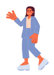 Poster - Friendly hispanic businesswoman greeting 2D cartoon character. Adult latina lawyer formal clothing isolated vector person white background. Female entrepreneur waving color flat spot illustration