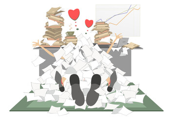 Wall Mural - Office. Young man and woman in love, laying on the floor under big piles of papers. 
All you need is love. Love business couple rendezvous. Heart symbols
