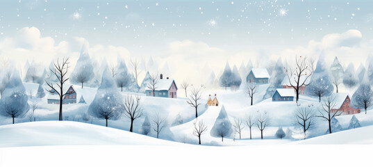 Wall Mural - Christmas winter fairy village landscape, Greetings card style snowy Christmas village scene