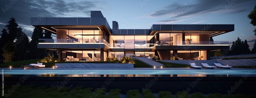 the modern house in a nighttime setting. the exterior with well placed ...
