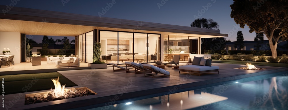 the modern house in a nighttime setting. the exterior with well placed ...