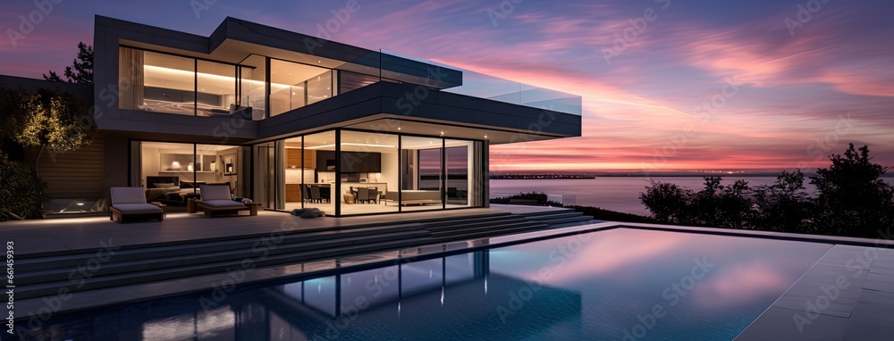 the modern house in a nighttime setting. the exterior with well placed ...