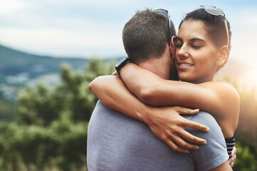 Wall Mural - Relax, love or happy couple hug in nature for date, support or care in summer or park with freedom. Embrace, romantic man or calm woman on outdoor holiday vacation together to bond or travel in USA