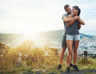 Wall Mural - Mockup space, nature or couple hug on date for love, romance or care with freedom to relax. Embrace, mountain or romantic man or happy woman on holiday vacation together to bond or travel adventure