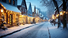 Romantic Village In Winter With Christmas Decorations