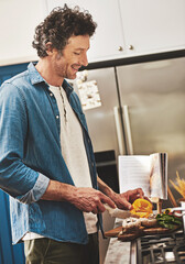 Sticker - Smile, food and man cutting vegetables in the kitchen for diet, healthy or nutrition dinner. Happy, cooking and mature male person from Canada chop ingredients for a supper or lunch meal at home.