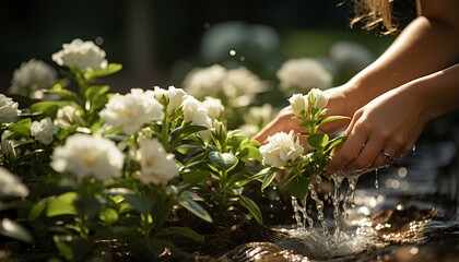 Wall Mural - Woman gardening in spring. Woman taking care of the flowers during spring time. Beautiful flowers. Smiling woman gardening. Woman watering the flowers. Flowers. Greenery. Season of Spring