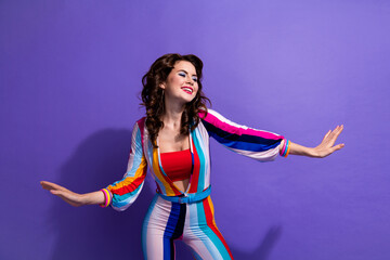 Sticker - Photo of pretty adorable girl dressed striped overall dancing having disco fun isolated violet color background