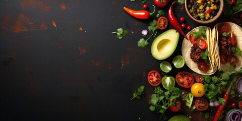 An enticing flat lay of Mexican cuisine, featuring tacos, avocados, and peppers, arranged thoughtfully with the vibrant colors of the Mexican flag, providing ample empty space.