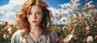 © XaMaps - Vintage woman in wildflower meadow under blue sky.