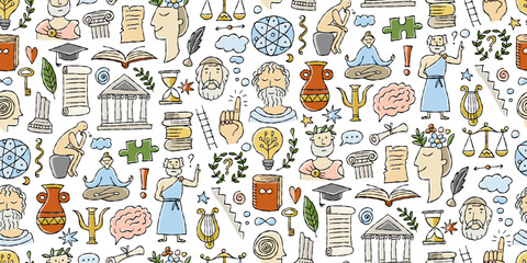 Fototapete - Philosophy concept art, hand-drawn philosophers and elements. Seamless pattern background for your design