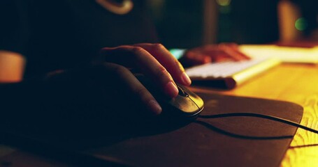 Aufkleber - Hands working, computer and mouse for night research, online review and programming or information technology. Person, software programmer or worker scroll on internet for system update and coding