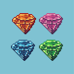 Fototapete - Pixel art sets of diamond with variation color item asset. Simple bits of crystal on pixelated style. 8bits perfect for game asset or design asset element for your game design asset.