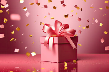 Poster - Pink gift box and many pink confetti 