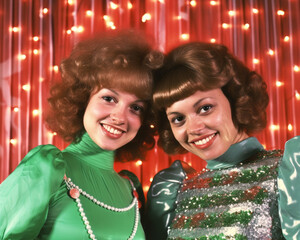 Wall Mural - Glittering in retro glam, two women don festive green clothing and dazzling necklaces as they strike a pose, radiating joy and excitement for the upcoming christmas and new year celebrations indoors