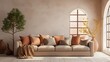 beige sofa with terra cotta pillows against arched window near stucco, Loft home interior design of modern living room, living room interior with sofa