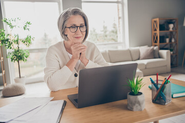 Poster - Photo of pretty charming senior lady dressed white cardigan reading news apple samsung modern gadget indoors house room