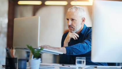 Poster - Business, thinking and senior man with a laptop, internet and solution with problem solving, connection and ideas. Mature person, employee and ceo with technology, computer and brainstorming with app