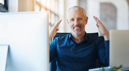 Aufkleber - Portrait, hands and insurance with a business man at work on a computer at his desk in the office. Smile, gesture and cover with a happy mature agent in the workplace to offer safety or security