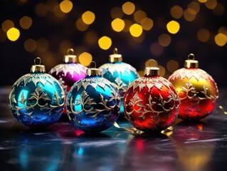 Colorful Christmas balls, shiny xmas decoration, ai generated