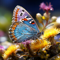 Wall Mural - beautiful butterfly on yellow flowers in nature. ai generated