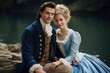 Romantic Young Couple in Regency Era Clothing Royal Vintage Victorian 18th Century Blue Attire Sitting Near a Lake Generative Ai