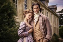 Elegant Young Couple In Regency Era Clothing Posing Outside A Royal Vintage Victorian Mansion 18th Century Generative Ai