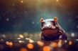 Cute baby hippopotamus against a blurred bokeh background.