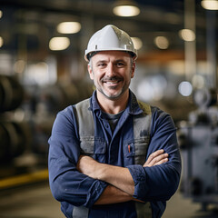 Candid shot of a smiling confident male factory worker with arms crossed, industrial construction industry