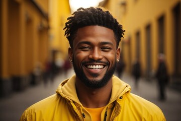 cheerful dark-skinned guy with a neat hairstyle in a yellow jacket, portrait