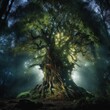A photo of an enormous, ancient tree sentinel standing tall in a moonlit forest. Generative AI