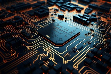 Poster - Unique glow-in-the-dark chip component Data overview. A display of an advanced chip basking in a macro world of neon light. Generate Ai