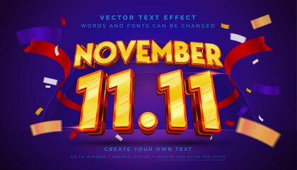 Wall Mural - vector editable 3d november 11.11 text effect. sale promotion graphic style on abstract confetti bac